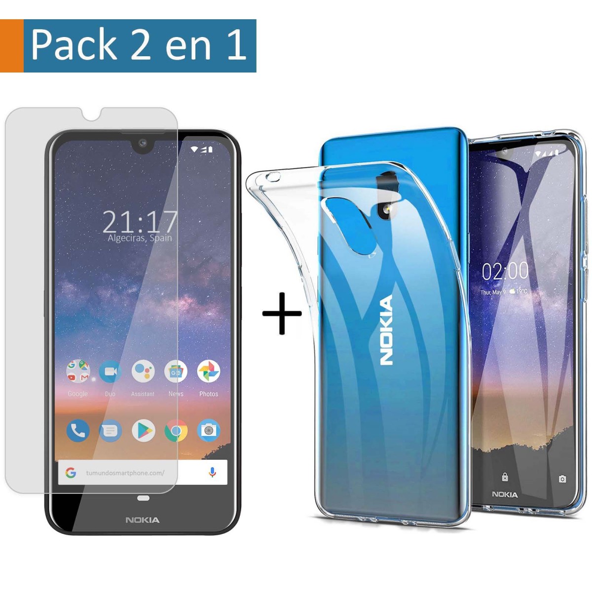 Pack 2 En 1 Funda Gel Transparente + Protector Cristal Templado para Nokia 2.2