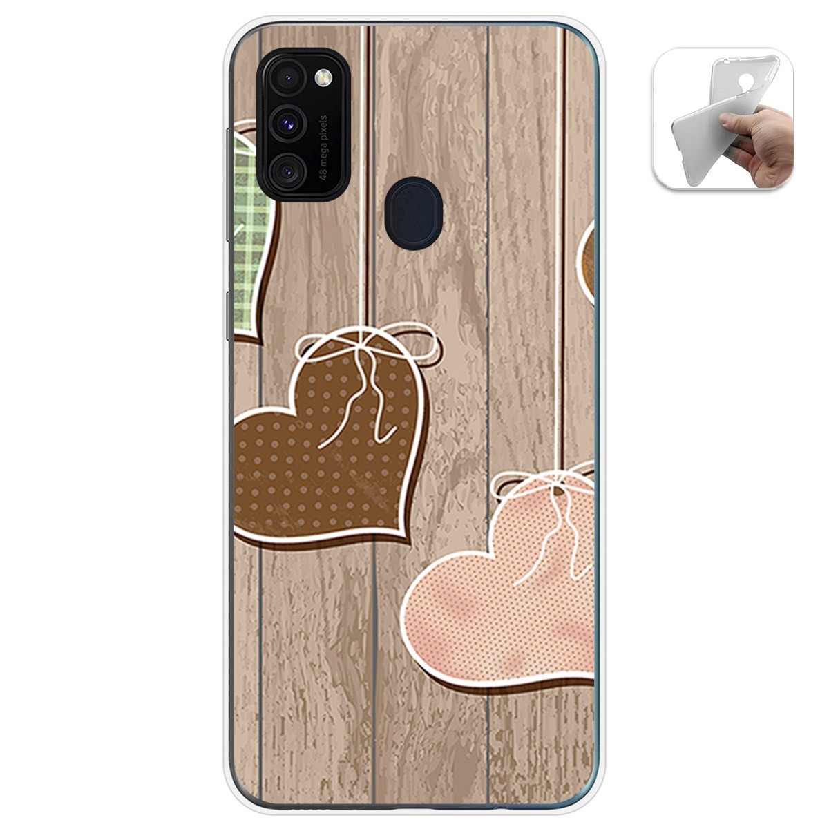 Funda Gel Tpu para Samsung Galaxy M30s / M21 diseño Corazones Madera Dibujos