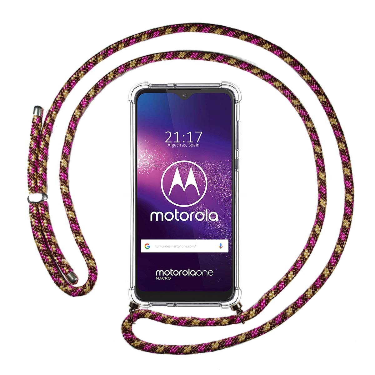 Funda Colgante Transparente para Motorola One Macro con Cordon Rosa / Dorado