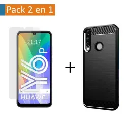 Pack 2 En 1 Funda Gel Tipo Carbono + Protector Cristal Templado para Huawei Y6p