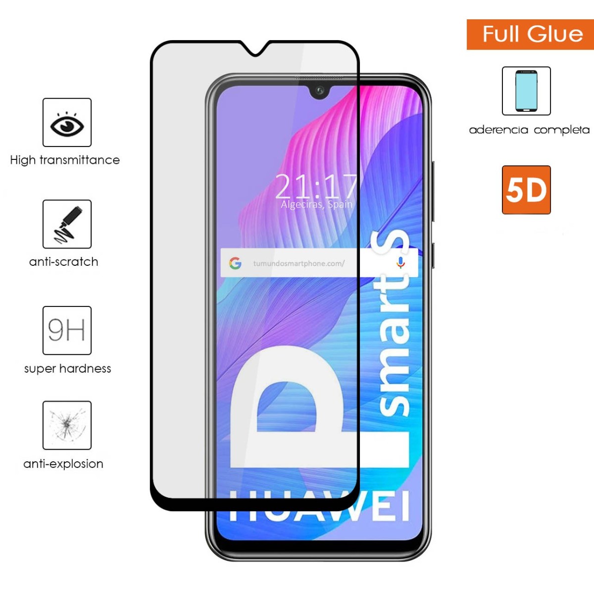 Protector Cristal Templado Completo 5D Full Glue Negro para Huawei P Smart S / Y8p Vidrio