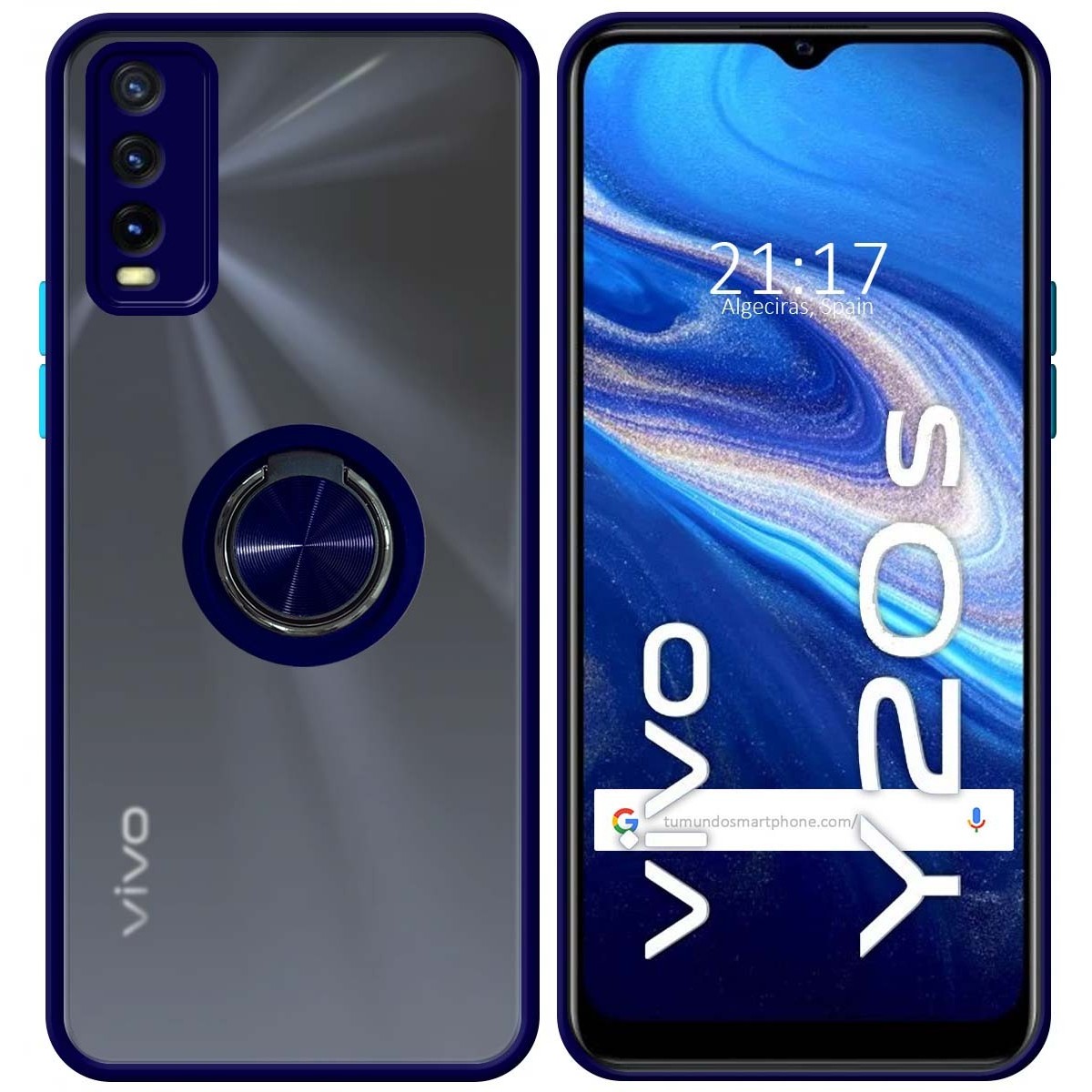 Funda Mate con Borde Azul y Anillo Giratorio 360 para Vivo Y20s / Y11s