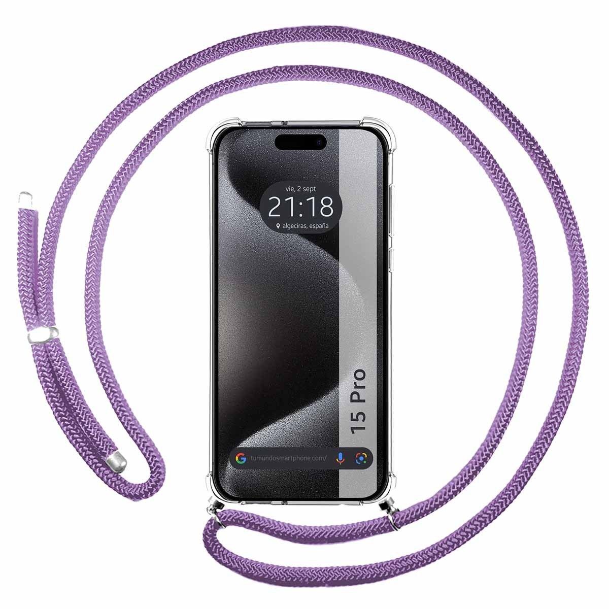 Funda Colgante Transparente para Iphone 15 Pro (6.1) con Cordon Morado