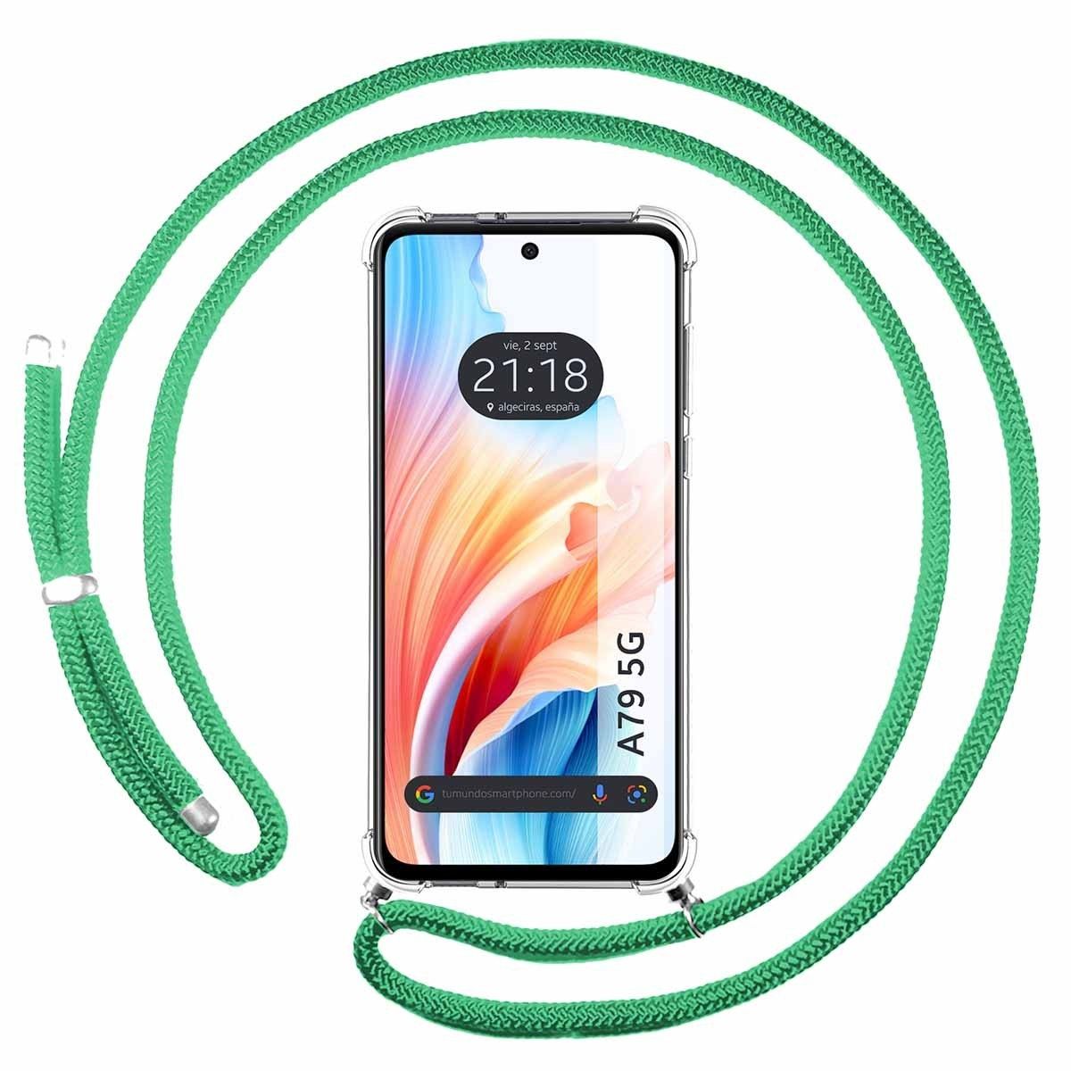 Funda Colgante Transparente para Oppo A79 5G con Cordon Verde Agua