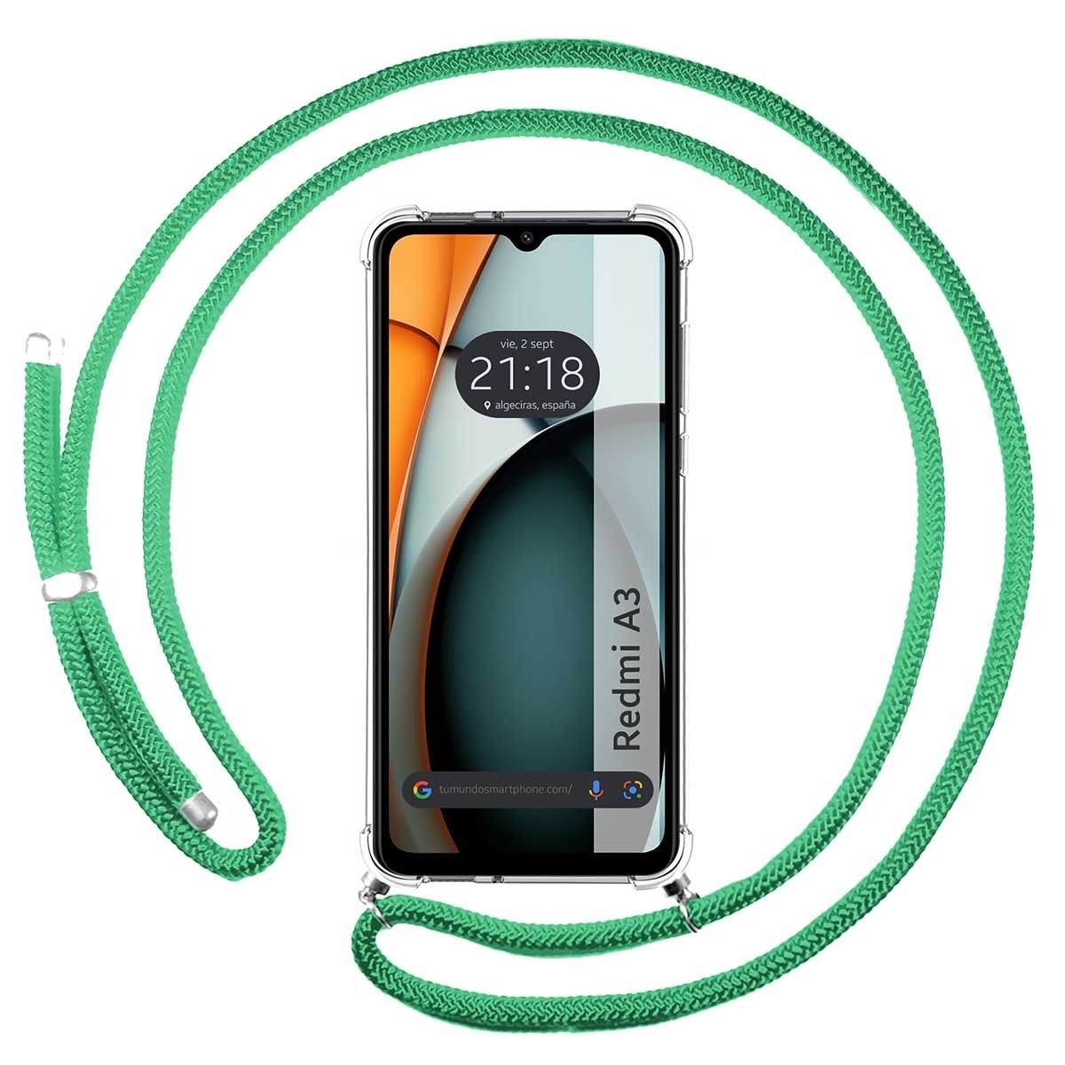 Funda Colgante Transparente para Xiaomi Redmi A3 con Cordon Verde Agua