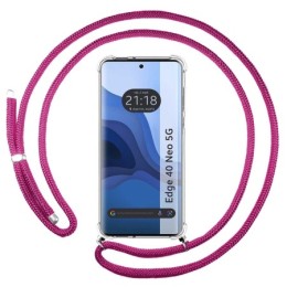 Funda Colgante Transparente para Motorola Edge 40 Neo 5G con Cordon Rosa Fucsia