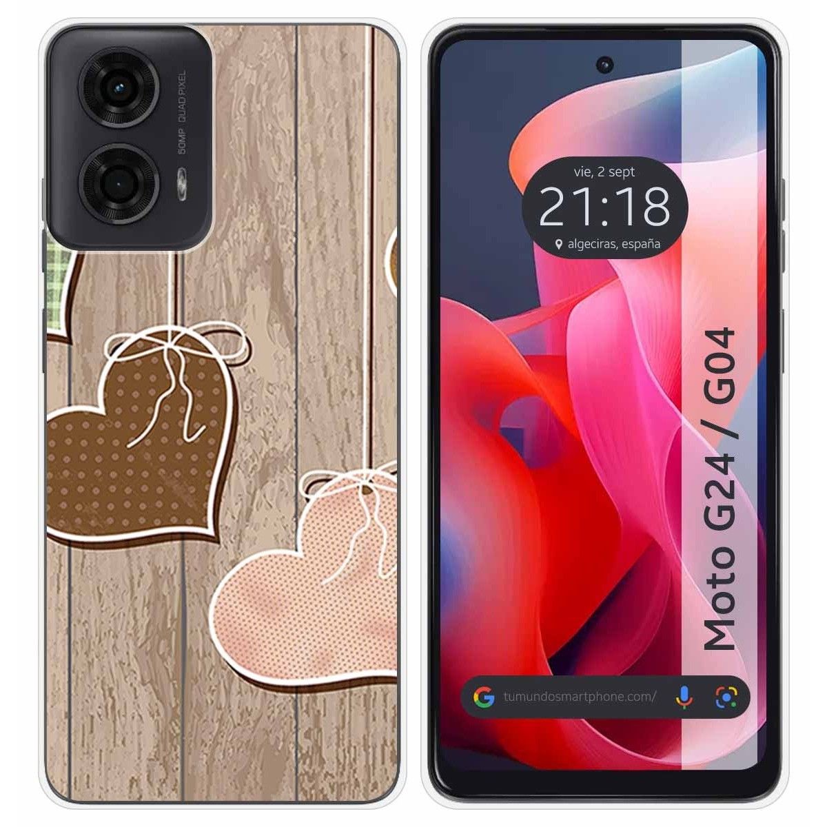 Funda Silicona para Motorola Moto G04 / G24 diseño Corazones Madera Dibujos