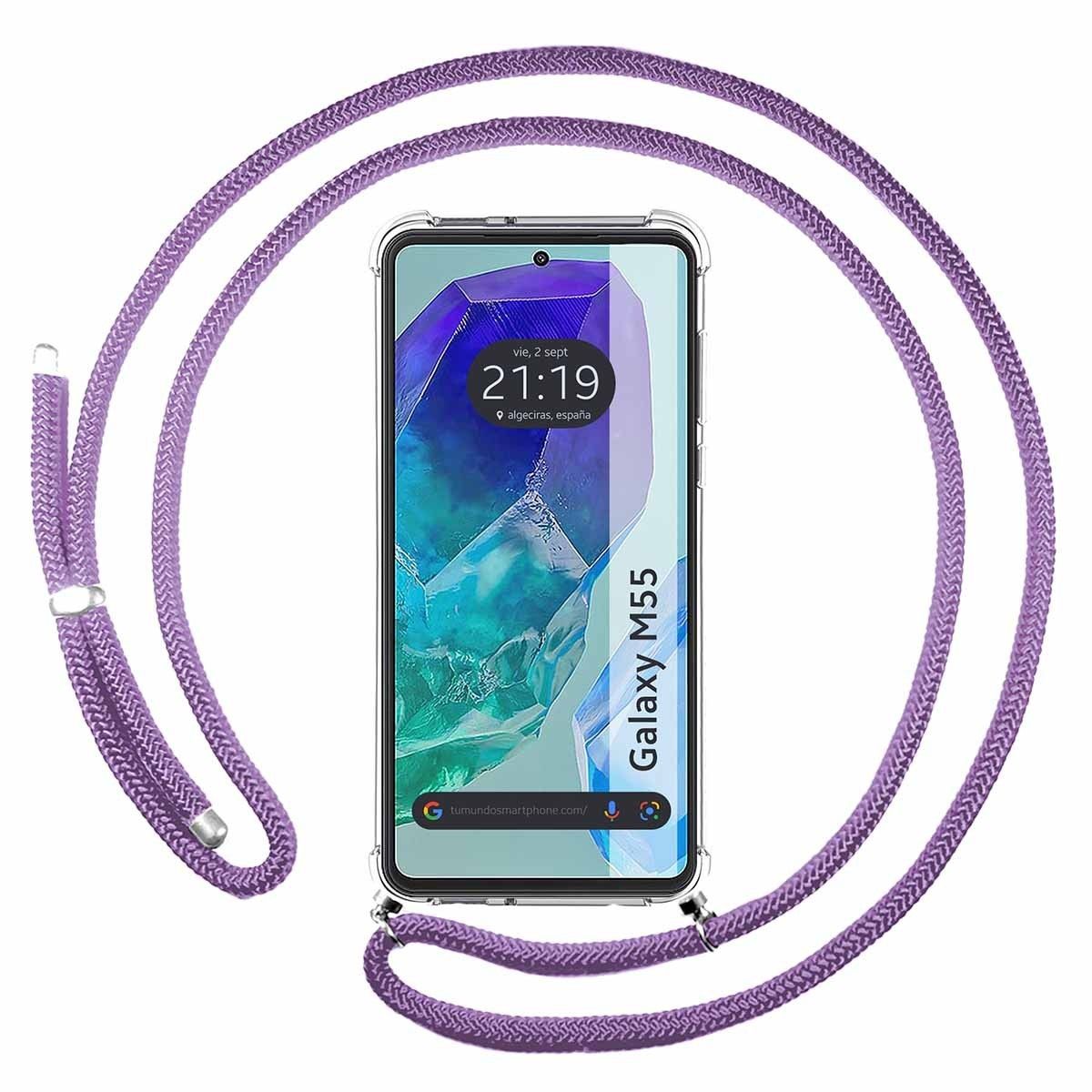 Funda Colgante Transparente para Samsung Galaxy M55 5G con Cordon Morado