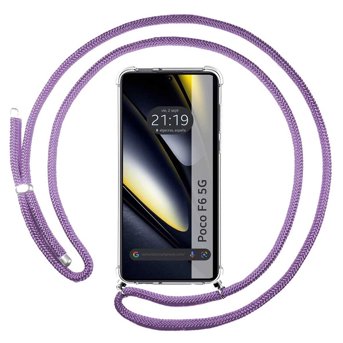 Personaliza tu Funda Colgante Transparente para Xiaomi Poco F6 5G con Cordon Morado Dibujo Personalizada