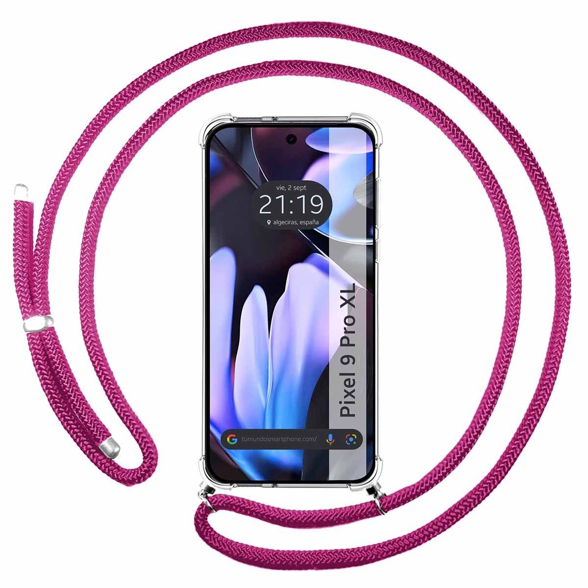 Funda Colgante Transparente para Google Pixel 9 Pro XL 5G con Cordon Rosa Fucsia