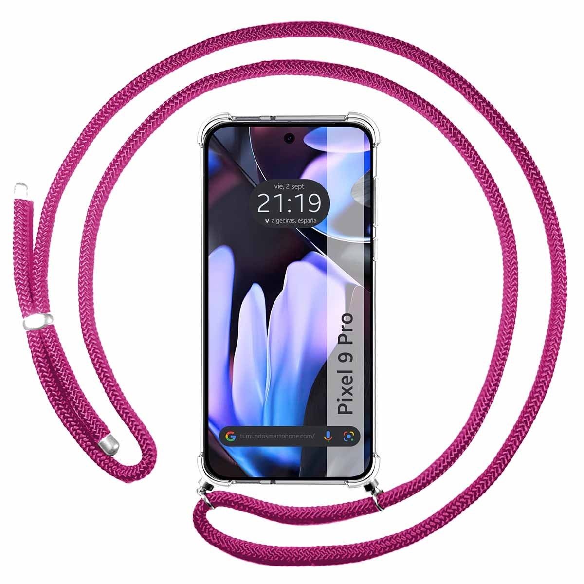 Funda Colgante Transparente para Google Pixel 9 Pro 5G con Cordon Rosa Fucsia