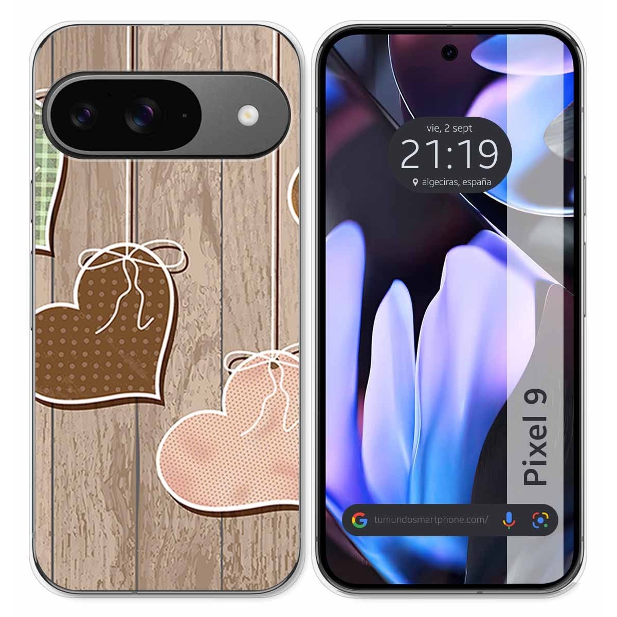 Funda Silicona para Google Pixel 9 5G diseño Corazones Madera Dibujos