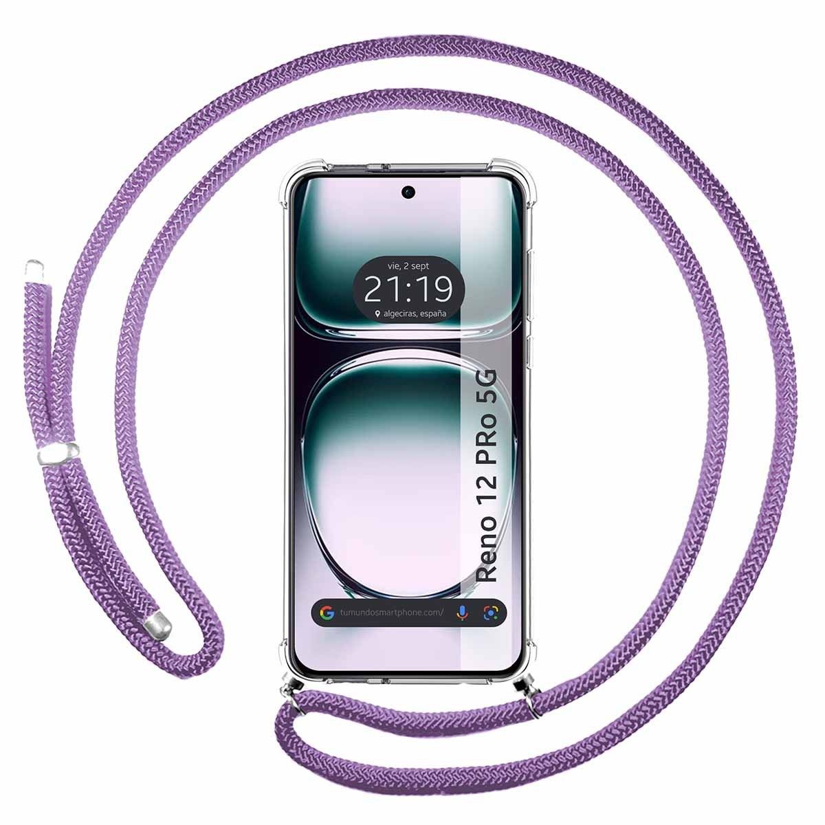 Funda Colgante Transparente para Oppo Reno 12 Pro 5G con Cordon Morado