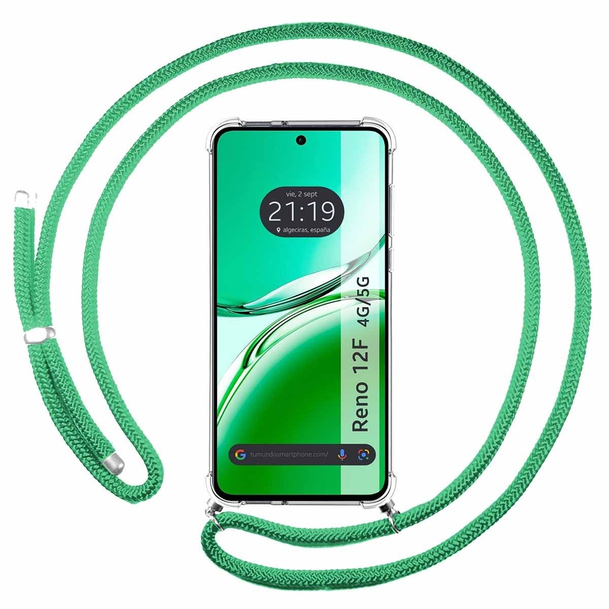 Funda Colgante Transparente para Oppo Reno 12F 4G / 12 F 5G con Cordon Verde Agua