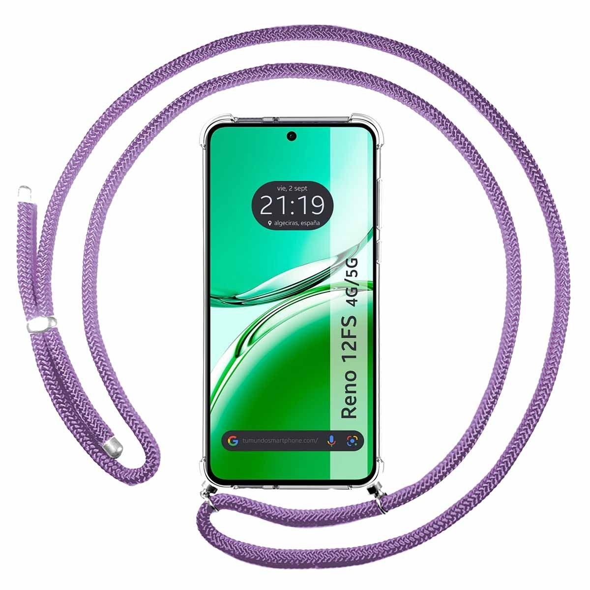 Funda Colgante Transparente para Oppo Reno 12FS 4G / 12 FS 5G con Cordon Morado