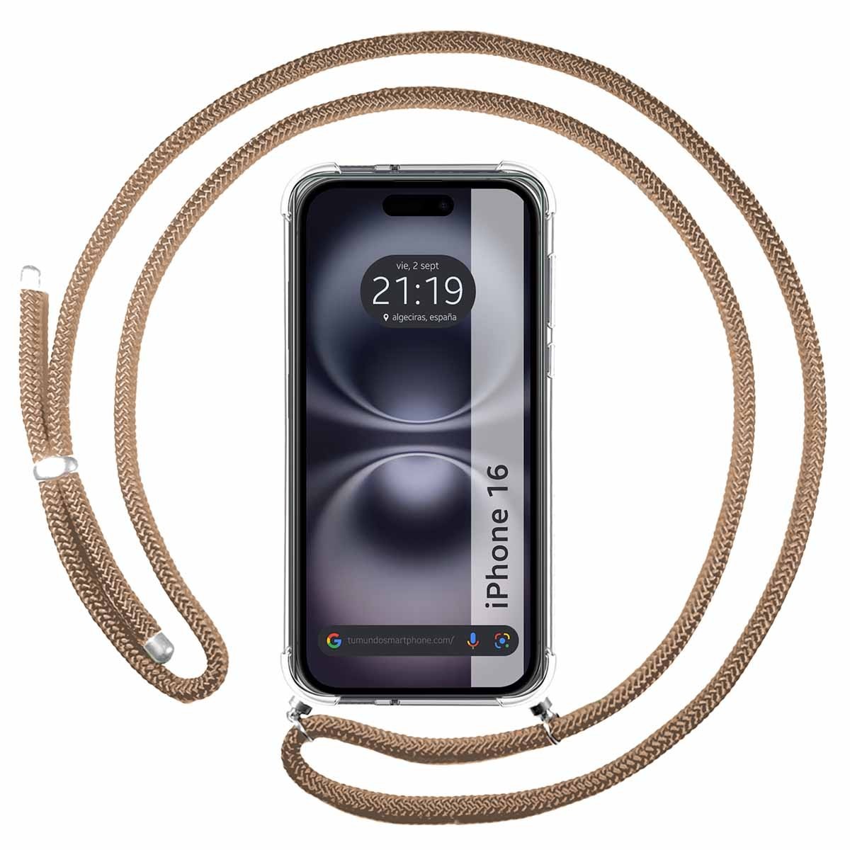 Funda Colgante Transparente para Iphone 16 (6.1) con Cordon Camel