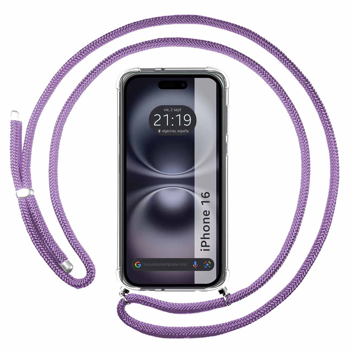 Funda Colgante Transparente para Iphone 16 (6.1) con Cordon Morado