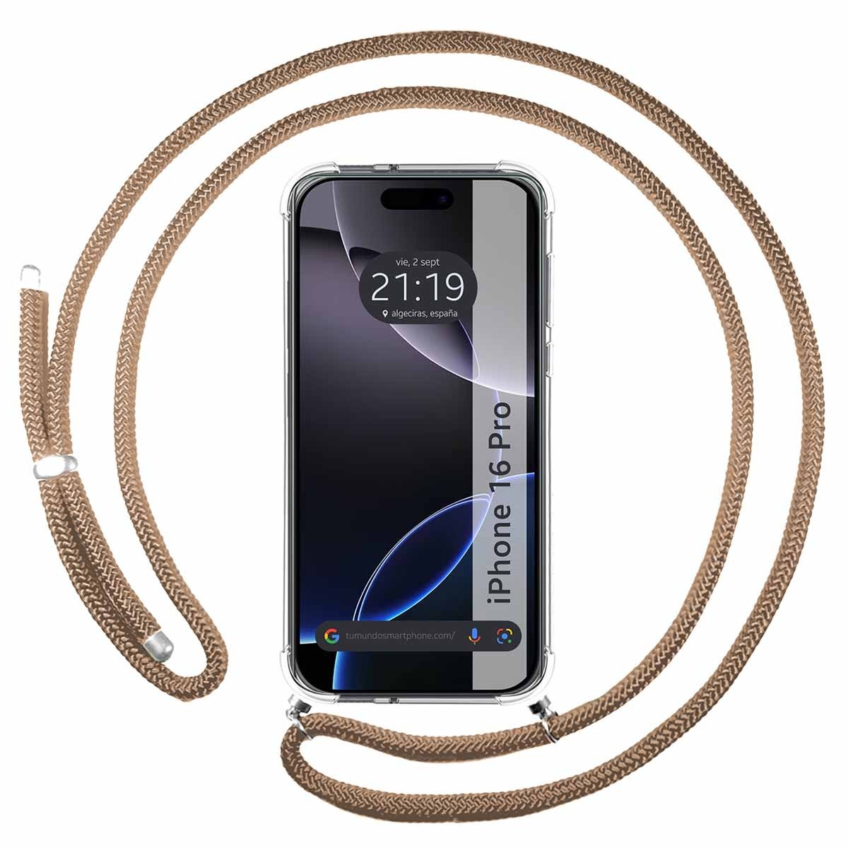 Funda Colgante Transparente para Iphone 16 Pro (6.3) con Cordon Camel