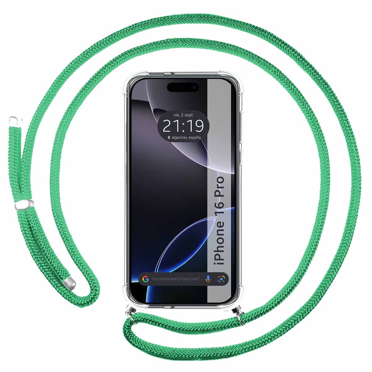 Funda Colgante Transparente para Iphone 16 Pro (6.3) con Cordon Verde Agua