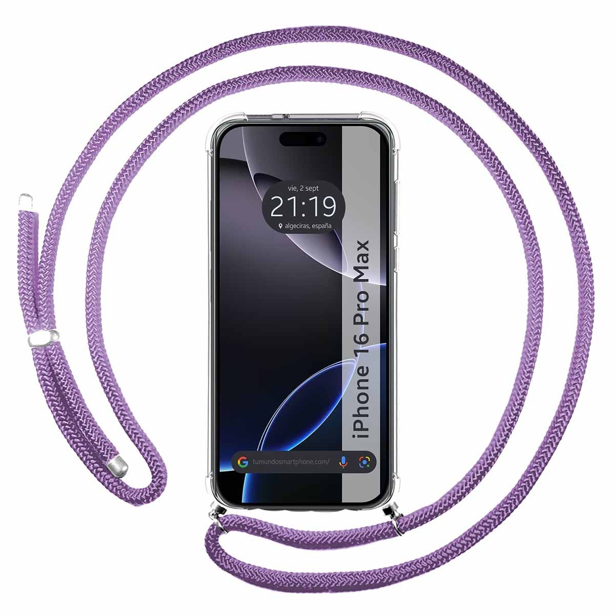 Funda Colgante Transparente para Iphone 16 Pro Max (6.9) con Cordon Morado