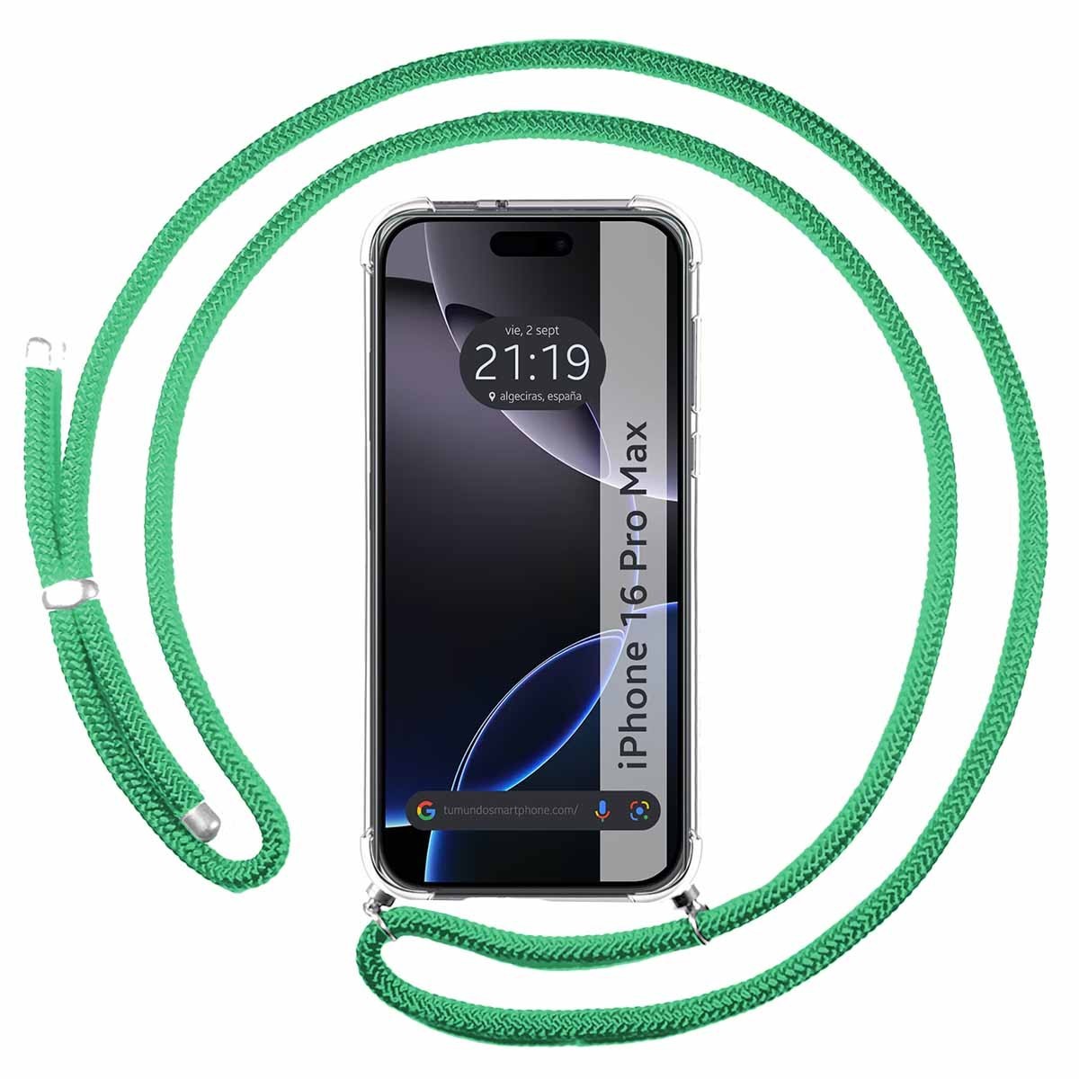 Funda Colgante Transparente para Iphone 16 Pro Max (6.9) con Cordon Verde Agua