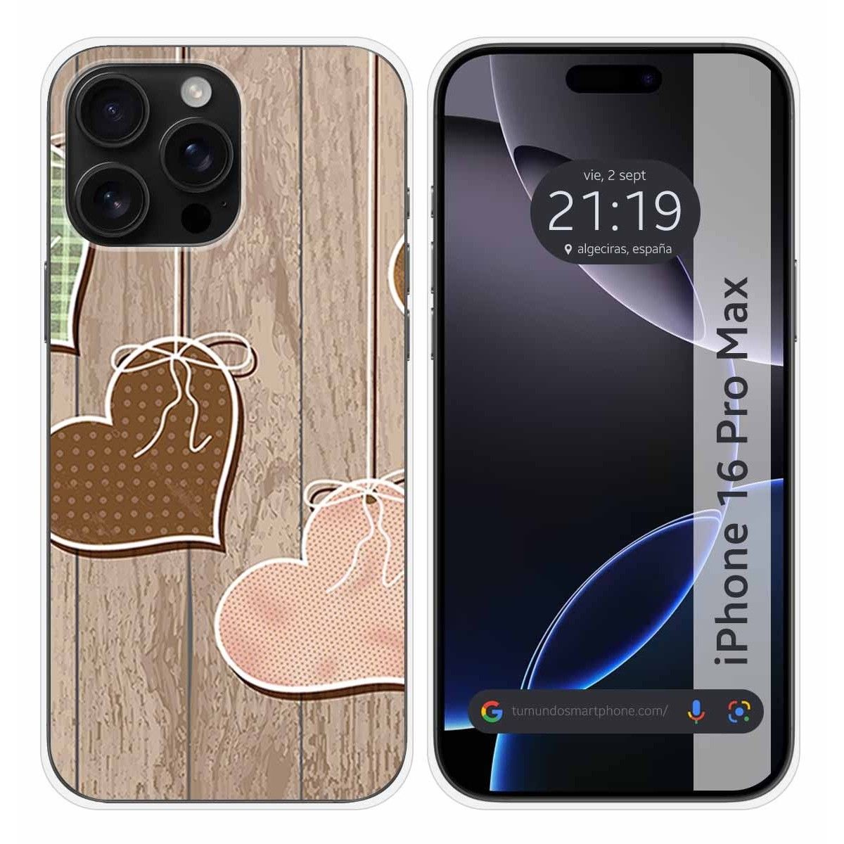 Funda Silicona para Iphone 16 Pro Max (6.9) diseño Corazones Madera Dibujos