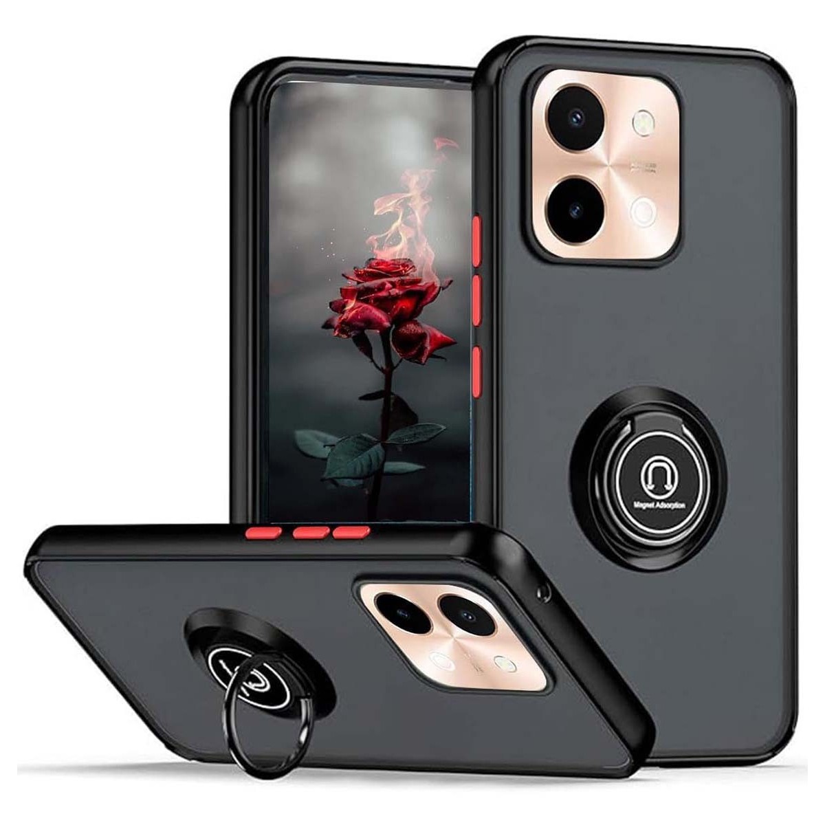 Funda Mate con Borde Negro y Anillo Giratorio 360 para Vivo Y28 4G