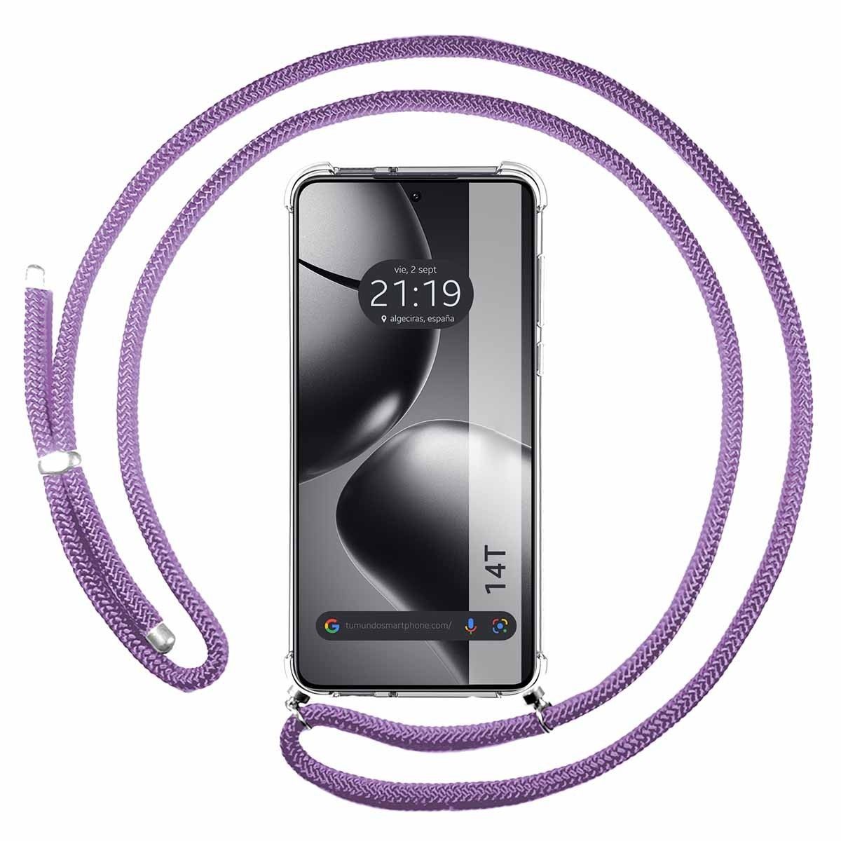 Funda Colgante Transparente para Xiaomi 14T 5G con Cordon Morado