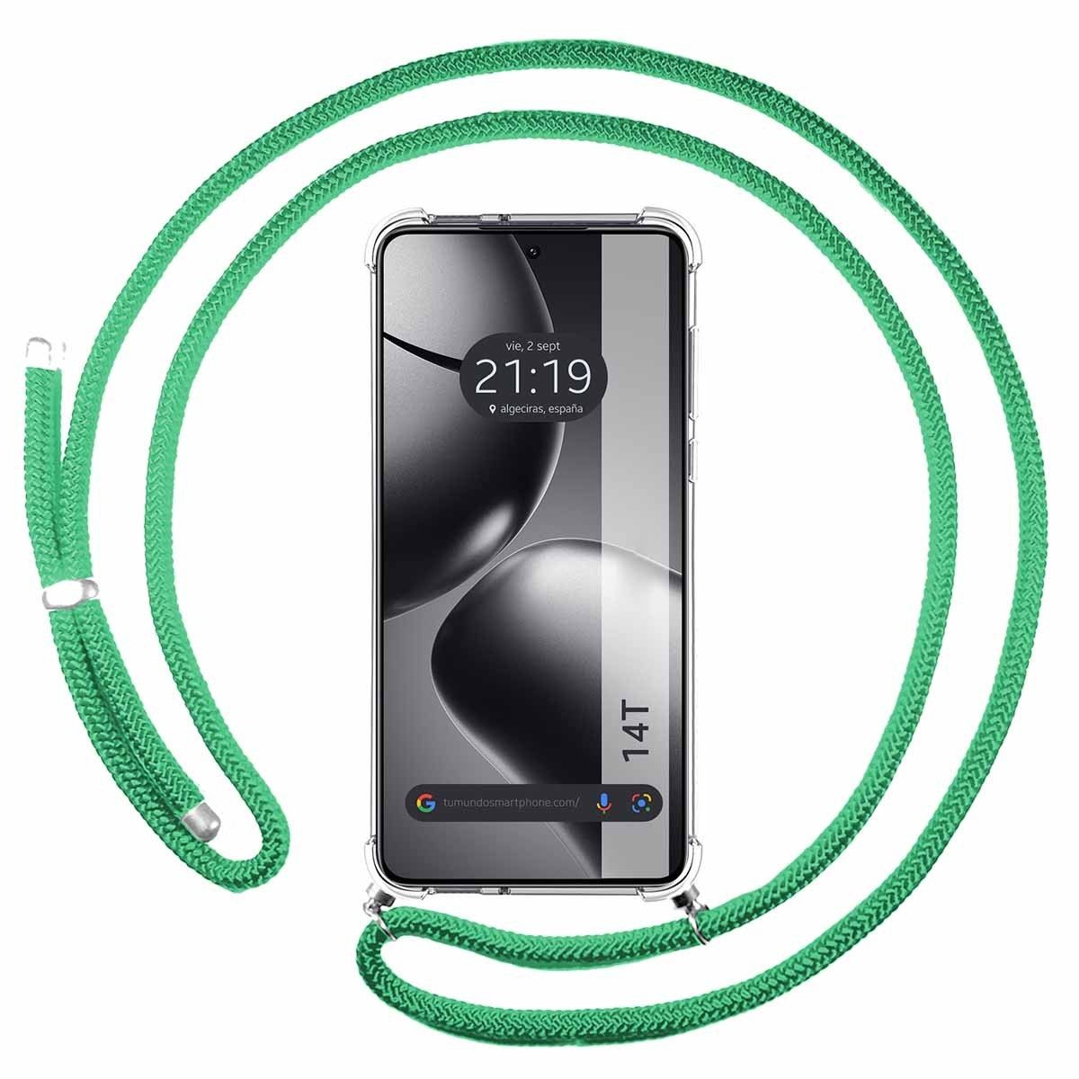 Funda Colgante Transparente para Xiaomi 14T 5G con Cordon Verde Agua