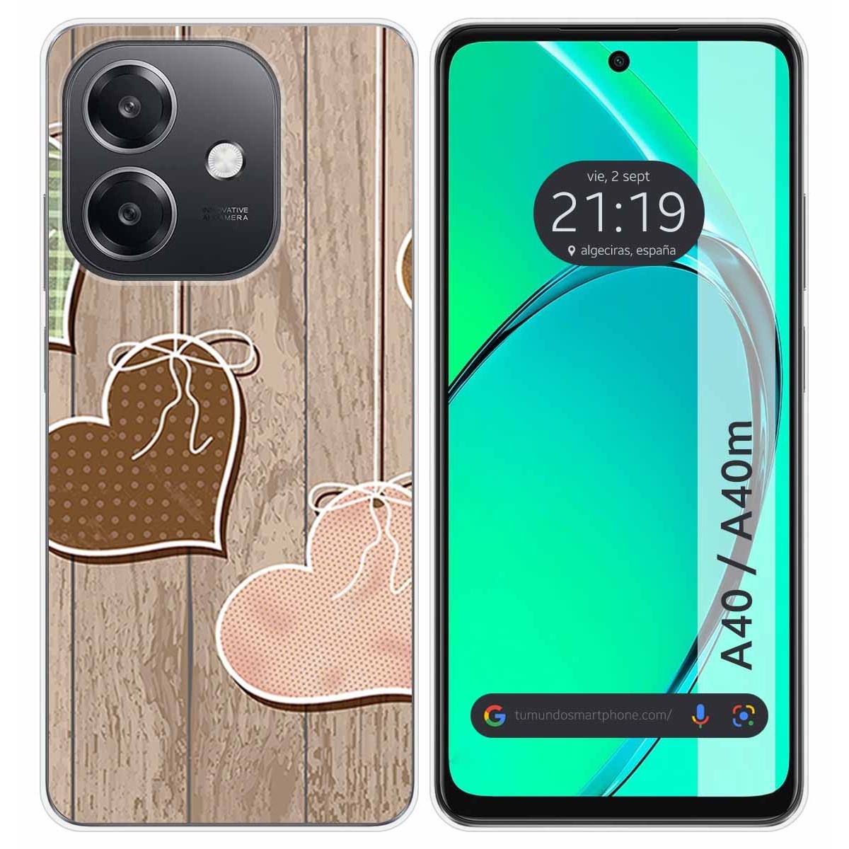 Funda Silicona para Oppo A40 / A40m diseño Corazones Madera Dibujos