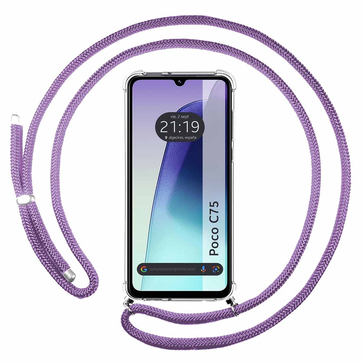 Funda Colgante Transparente para Xiaomi Poco C75 con Cordon Morado